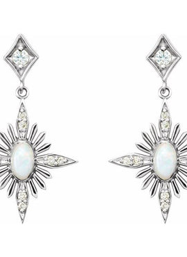 14K White Gold Natural White Opal & 1/6 CTW Natural Diamond Star Earrings
