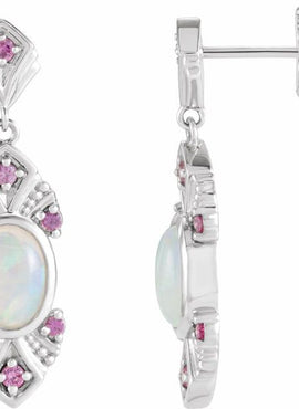 14K White Gold Natural Ethiopian Opal & Natural Pink Sapphire Vintage-Inspired Earrings