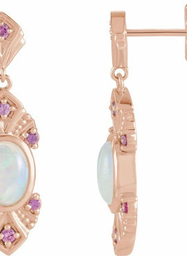 14K White Gold Natural Ethiopian Opal & Natural Pink Sapphire Vintage-Inspired Earrings