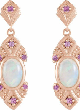 14K White Gold Natural Ethiopian Opal & Natural Pink Sapphire Vintage-Inspired Earrings