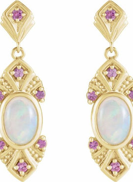 14K White Gold Natural Ethiopian Opal & Natural Pink Sapphire Vintage-Inspired Earrings