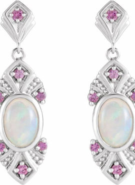 14K White Gold Natural Ethiopian Opal & Natural Pink Sapphire Vintage-Inspired Earrings