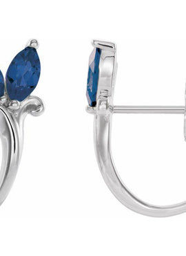 14K White Gold Natural Blue Zircon Floral J-Hoop Earrings