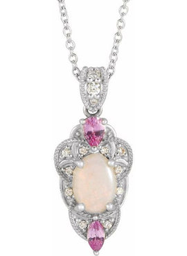 14K White Gold Natural White Opal, Natural Pink Sapphire & 1/10 CTW Natural Diamond Pendant