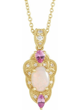 14K White Gold Natural White Opal, Natural Pink Sapphire & 1/10 CTW Natural Diamond Pendant