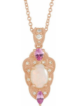14K White Gold Natural White Opal, Natural Pink Sapphire & 1/10 CTW Natural Diamond Pendant