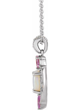 14K White Gold Natural White Opal, Natural Pink Sapphire & 1/10 CTW Natural Diamond Pendant