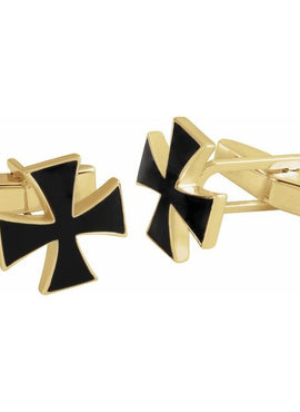 14K Yellow Gold 15 mm Black Enamel Maltese Cross Cuff Links