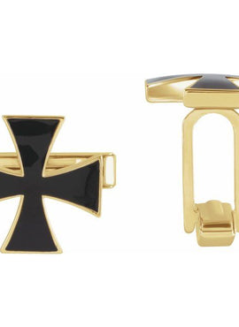 14K Yellow Gold 15 mm Black Enamel Maltese Cross Cuff Links