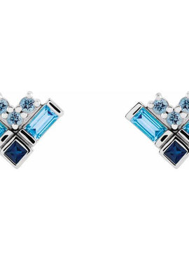 14K White Gold Natural Blue Multi-Gemstone Cluster Earrings