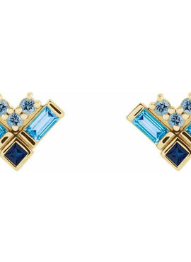 14K White Gold Natural Blue Multi-Gemstone Cluster Earrings