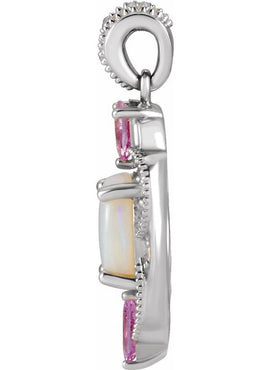 14K White Gold Natural White Opal, Natural Pink Sapphire & 1/10 CTW Natural Diamond Pendant