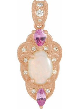14K White Gold Natural White Opal, Natural Pink Sapphire & 1/10 CTW Natural Diamond Pendant