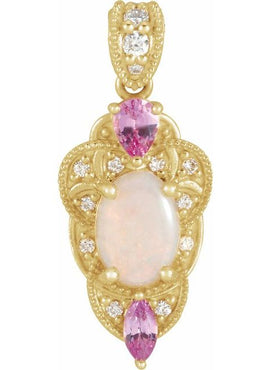 14K White Gold Natural White Opal, Natural Pink Sapphire & 1/10 CTW Natural Diamond Pendant