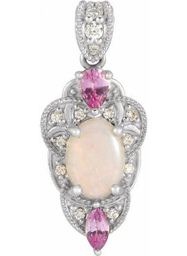 14K White Gold Natural White Opal, Natural Pink Sapphire & 1/10 CTW Natural Diamond Pendant