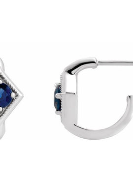 14K White Gold Natural Blue Sapphire Geometric 13.58 mm Hoop Earrings