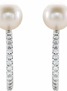 14K White Gold Cultured White Freshwater Pearl & 1/6 CTW Natural Diamond Hoop Earrings