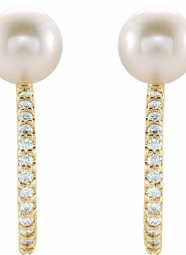 14K White Gold Cultured White Freshwater Pearl & 1/6 CTW Natural Diamond Hoop Earrings