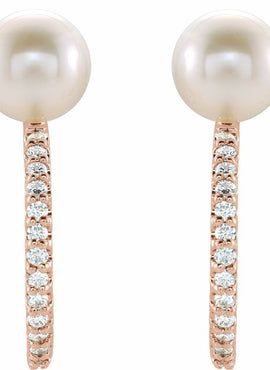 14K White Gold Cultured White Freshwater Pearl & 1/6 CTW Natural Diamond Hoop Earrings