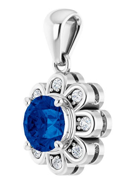 14K White Gold Lab-Grown Blue Sapphire & 1/8 CTW Natural Diamond Pendant