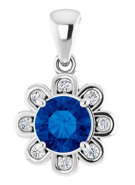 14K White Gold Lab-Grown Blue Sapphire & 1/8 CTW Natural Diamond Pendant