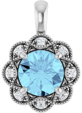 14K White Gold 6 mm Round Natural Aquamarine & .04 CTW Natural Diamond Pendant