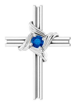 14K White Gold Natural Blue Sapphire Cross Pendant
