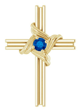 14K White Gold Natural Blue Sapphire Cross Pendant