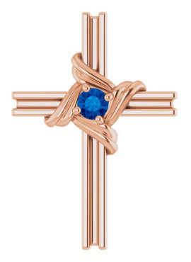 14K White Gold Natural Blue Sapphire Cross Pendant