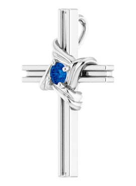 14K White Gold Natural Blue Sapphire Cross Pendant
