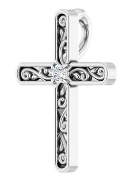 14K White Gold .03 CT Natural Diamond Cross Pendant