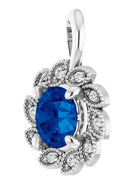 14K White Gold Lab-Grown Blue Sapphire & .04 CTW Natural Diamond Pendant