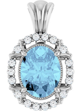 14K White Gold Natural Aquamarine & 1/6 CTW Natural Diamond Pendant