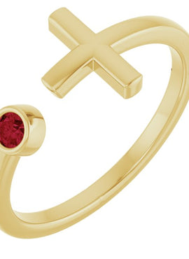 14K Yellow Gold Lab-Grown Ruby Negative Space Cross Ring