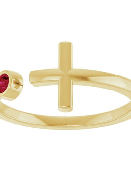 14K Yellow Gold Lab-Grown Ruby Negative Space Cross Ring