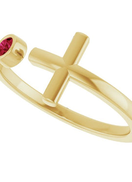14K Yellow Gold Lab-Grown Ruby Negative Space Cross Ring