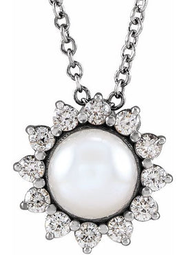 Platinum Cultured White Akoya Pearl & 1/6 CTW Natural Diamond Halo-Style Pendant