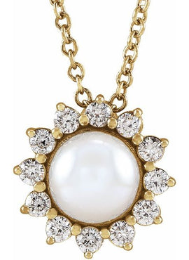 Platinum Cultured White Akoya Pearl & 1/6 CTW Natural Diamond Halo-Style Pendant