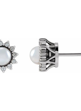 14K White Gold Cultured White Akoya Pearl & 1/6 CTW Natural Diamond Halo-Style Earrings
