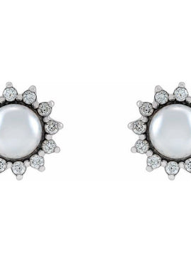 14K White Gold Cultured White Akoya Pearl & 1/6 CTW Natural Diamond Halo-Style Earrings
