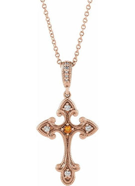 Sterling Silver Natural Citrine & .06 CTW Natural Diamond Cross 16-18