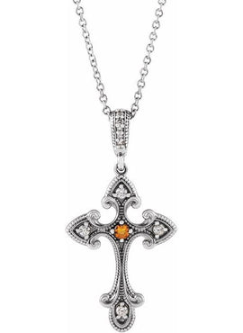 Sterling Silver Natural Citrine & .06 CTW Natural Diamond Cross 16-18