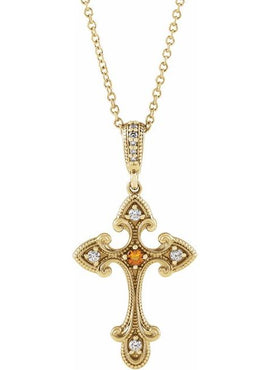 Sterling Silver Natural Citrine & .06 CTW Natural Diamond Cross 16-18