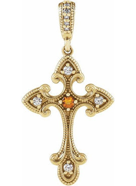 Sterling Silver Natural Citrine & .06 CTW Natural Diamond Cross 16-18