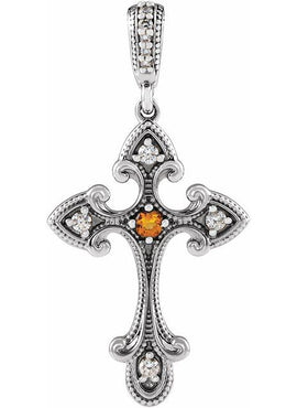Sterling Silver Natural Citrine & .06 CTW Natural Diamond Cross 16-18