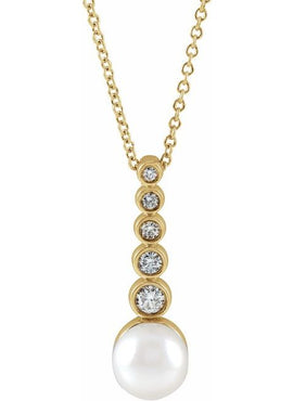 Sterling Silver Cultured White Akoya Pearl & 1/8 CTW Natural Diamond Bar Pendant