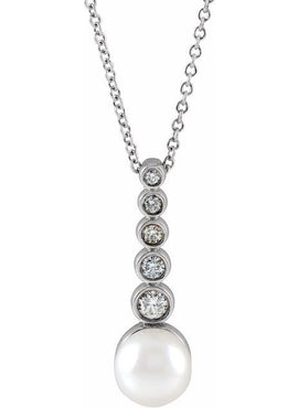 Sterling Silver Cultured White Akoya Pearl & 1/8 CTW Natural Diamond Bar Pendant