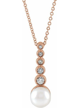Sterling Silver Cultured White Akoya Pearl & 1/8 CTW Natural Diamond Bar Pendant