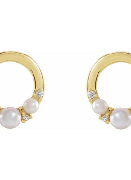14K Rose Gold Cultured White Seed Pearl & .06 CTW Natural Diamond Circle Earrings