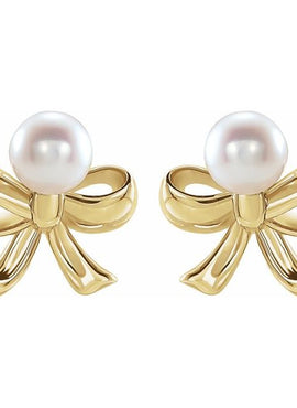 14K Rose Gold Cultured White Akoya Pearl Bow Earrings